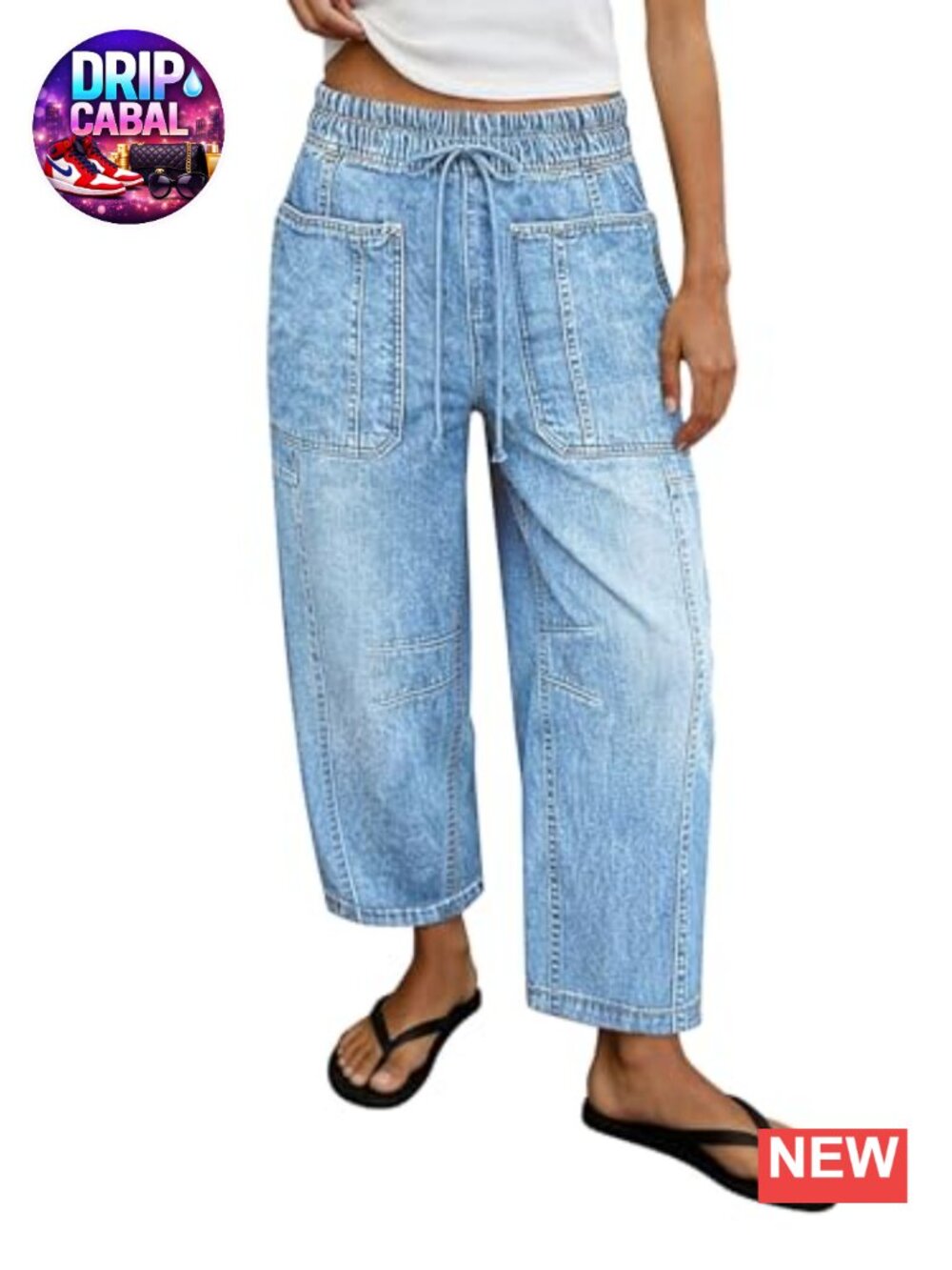 High Waist Barrel Leg Drawstring Patch Pocket Jeans Women Cotton High Stretch